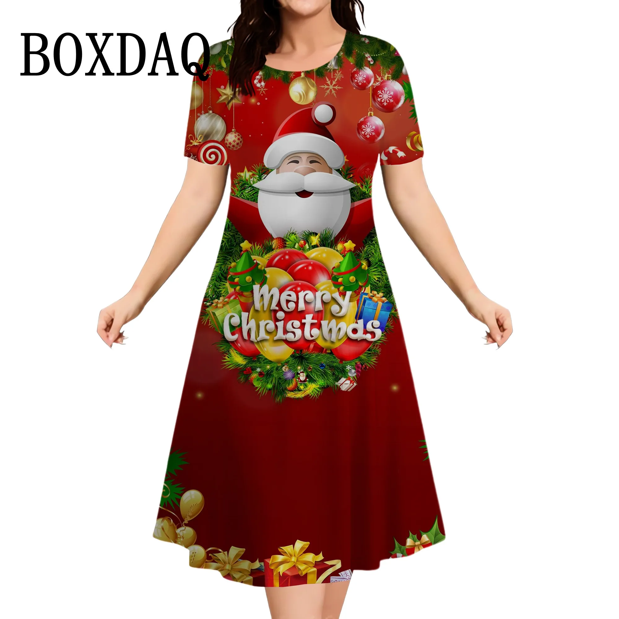 

Sweet Cute Women Christmas Party Dresses Cartoon Santa Claus Print A-Line Dress Streetwear Casual Short Sleeve Mini Loose Dress