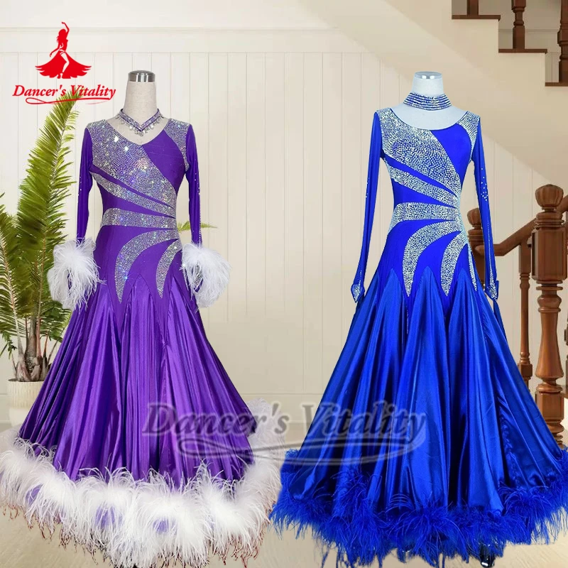 소셜 댄스 V자형 백 럭셔리 드레스, 목걸이 포함, 댄서의 활력을 담은 여성 왈츠, 타조 깃털 하단 헴라인 의상, 맞춤 제작