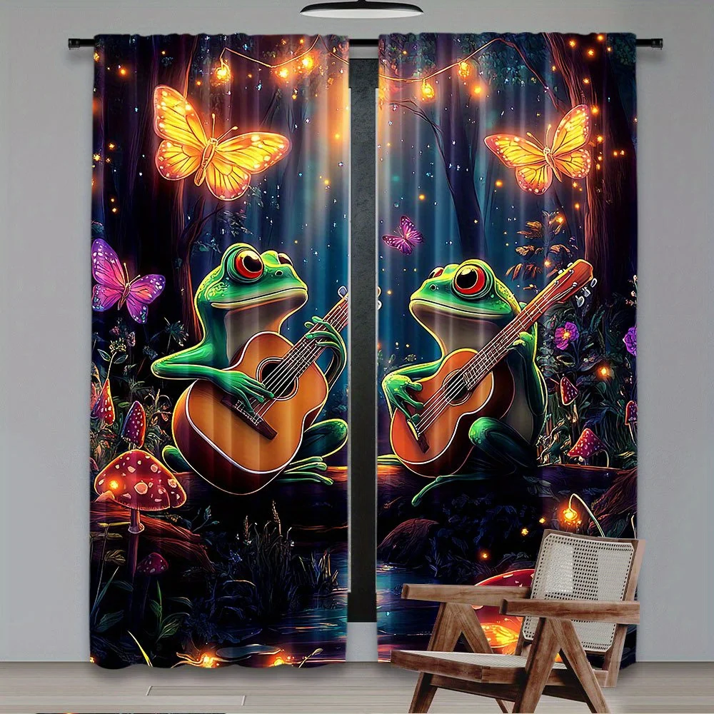 Enchanted Frog Guitar Butterfly Mushroom Jungle Curtain Panels Kids Room Decor Whimsical Nursery Window Treatment Drapes