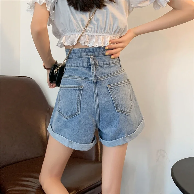 Shorts Women Summer Lady Teens Leisure Simple Thin Denim High Waist All-match Fashion Cute Button Solid Soft Korean Style Chic