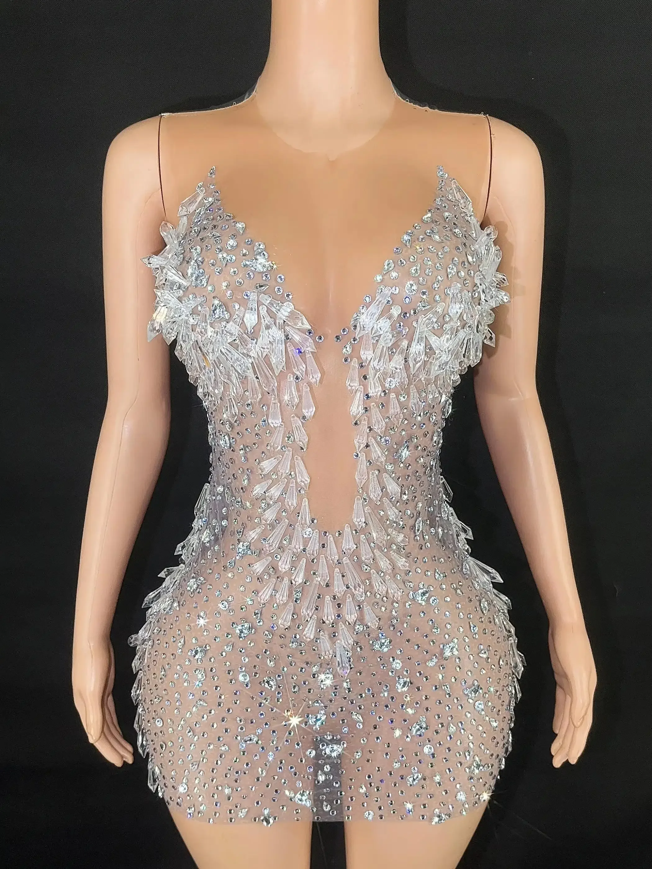 

Women Sexy Mesh See Through Club Singer Show Stage Wear Performance Costume Sparkly Crystals Rhinestones Short Birthday Dress