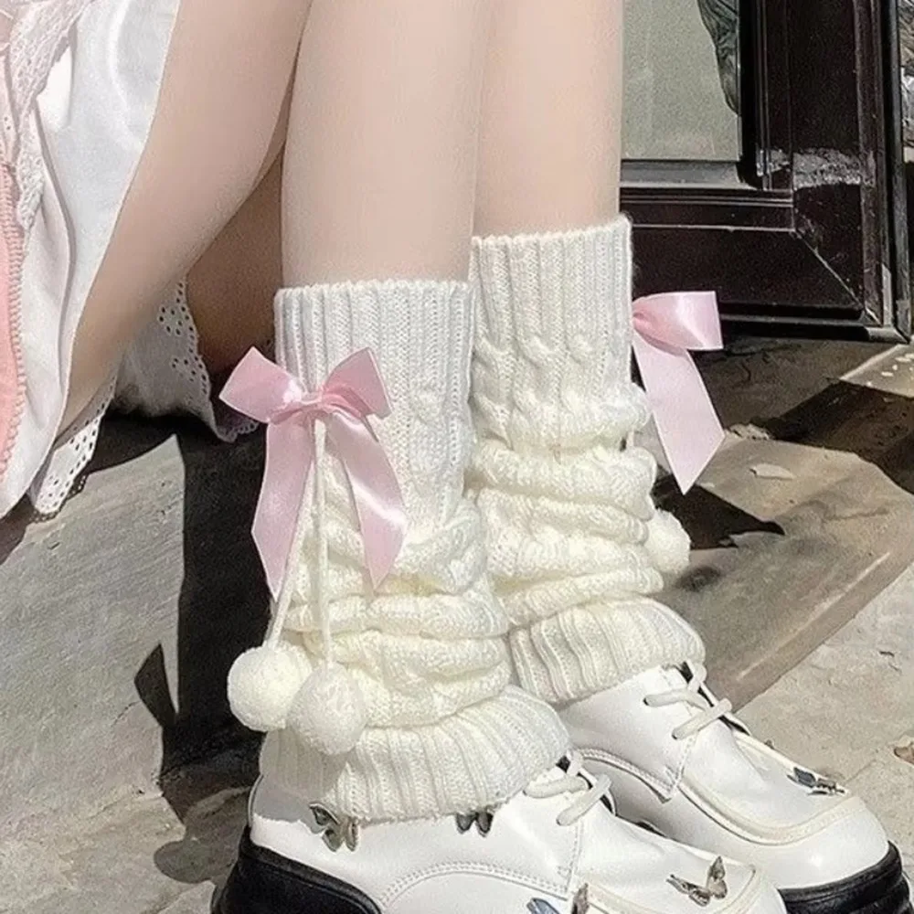 

Fashion Lolita Knitted Leg Warmers Thermal Bowknot Leg Covers Fleece Lined Pom-pom Leg Warmers