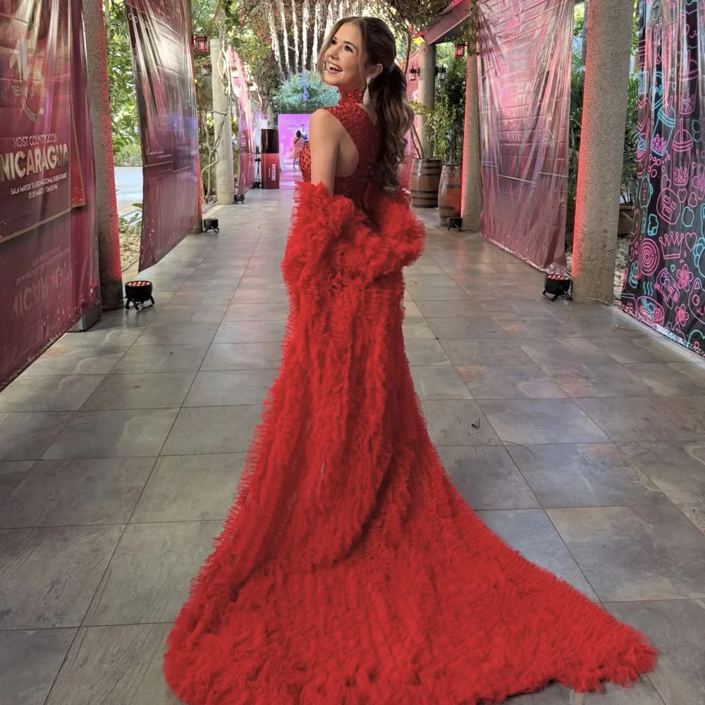 

Красное тюлевое пальто с рюшами для женщин, с длинными рукавами, для праздников, дня рождения, фотосессий, свадебное пальто с оборками