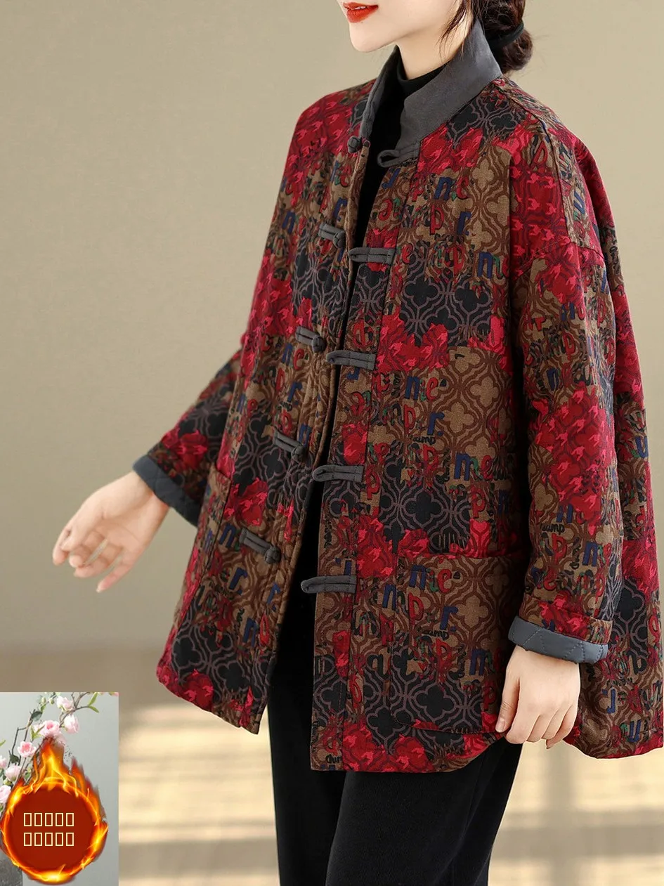

Thiened Cotton Jaet Women's Large Size Button Ethnic Sle Retro Chinese Cotton Coat Warm Casual Loose Fit Long Sve
