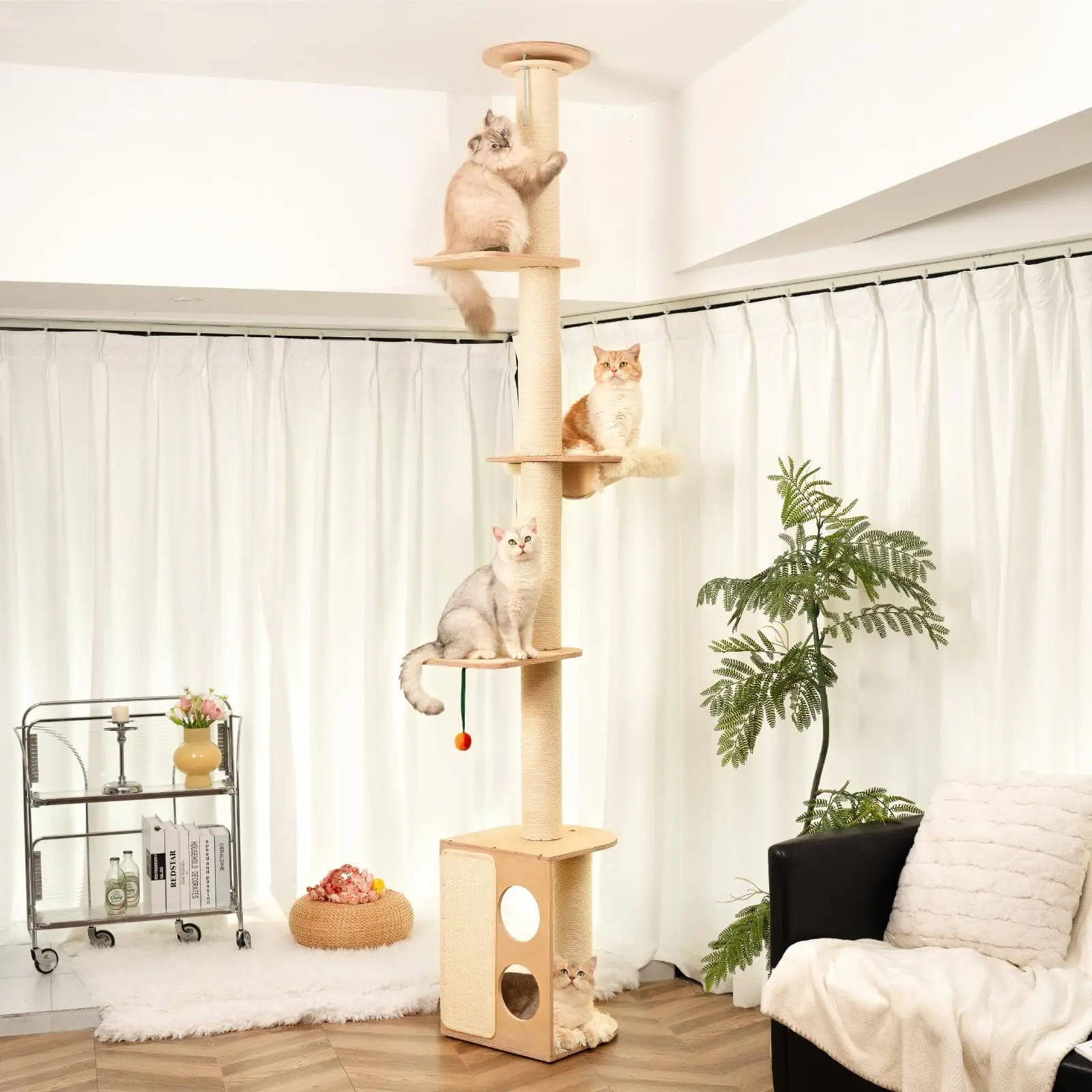 

Cat Tree Wall Mounted Tall Scratching Post for Indoor Cats Climbing Tower Activity Wood Cat Wall Furniture