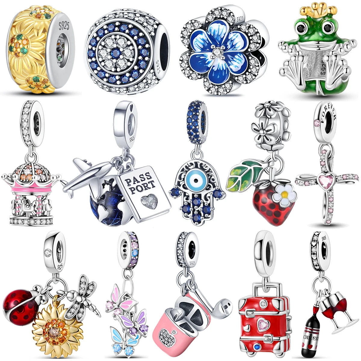 Cute Charms 925 Sterling Silver Funny Flower Bottle Eyes Frog Strawberry Metal Beads Pendant DIY Bracelet Necklace Fine Jewelry