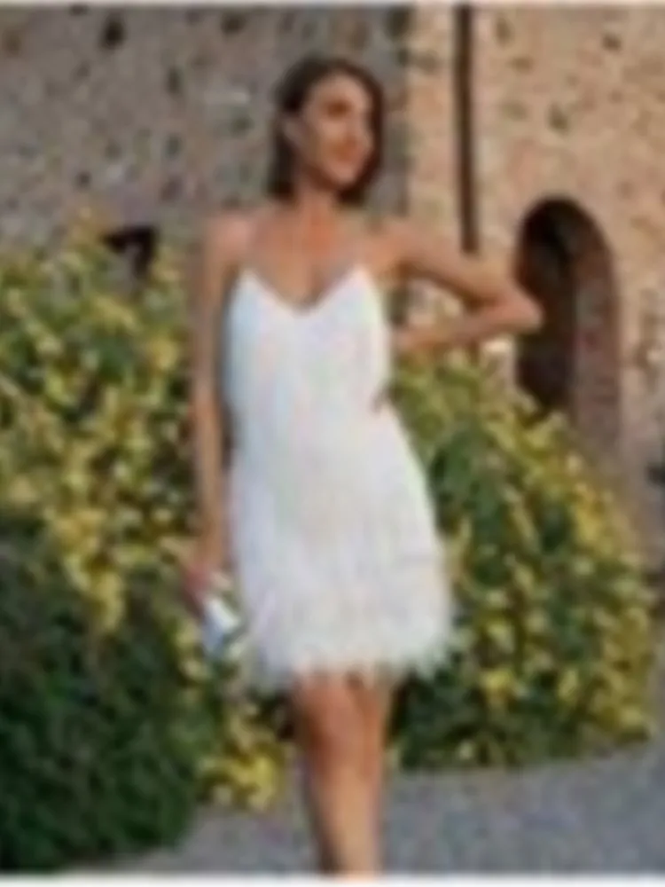 Zomer Mode Elegante Kwastje Pailletten Jurk Vrouwen Sexy Slanke Mouwloze V-hals Hoge Taille Jarretel Veer Stiksels Jurken