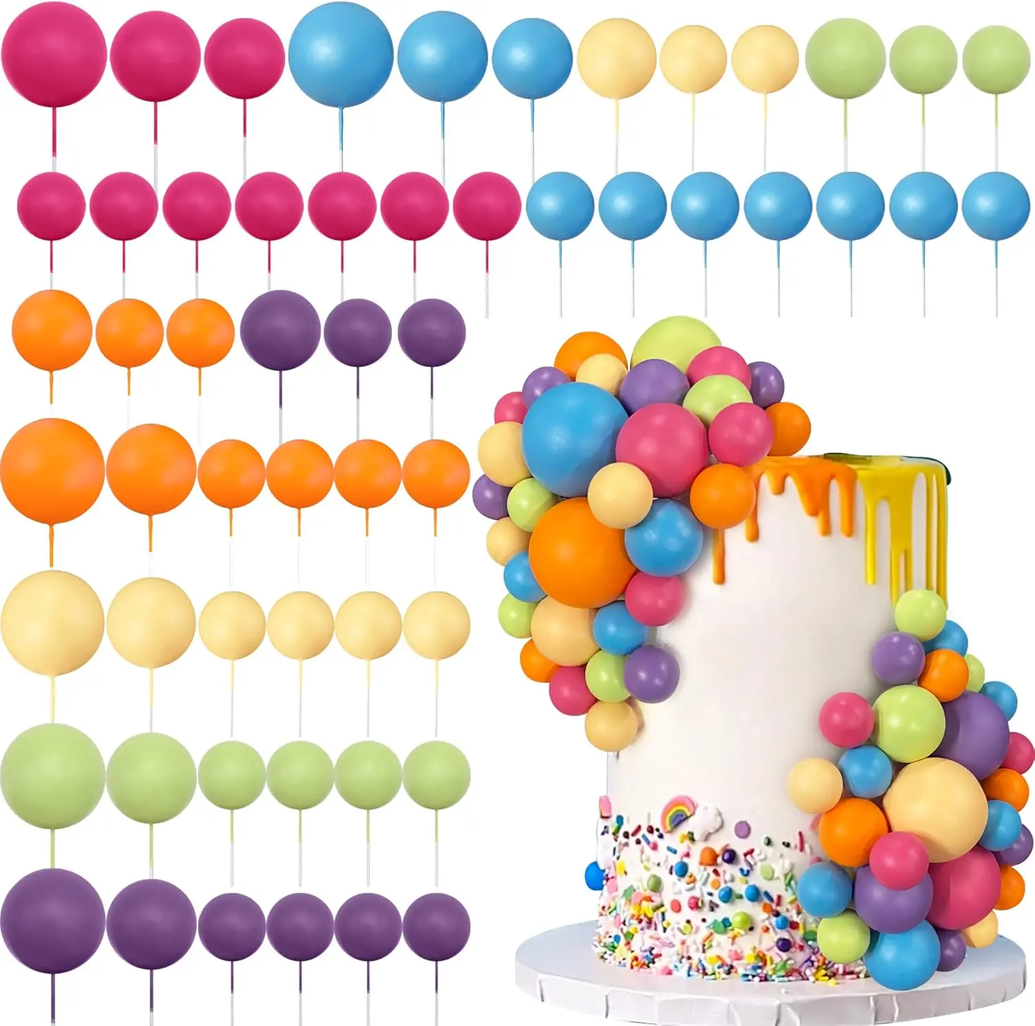 

56 PCS Ball Cake Picks Color Series Six Colors Balls Cupcake Cake Insert Topper for Birthday Party Wedding Decoration Supplies
