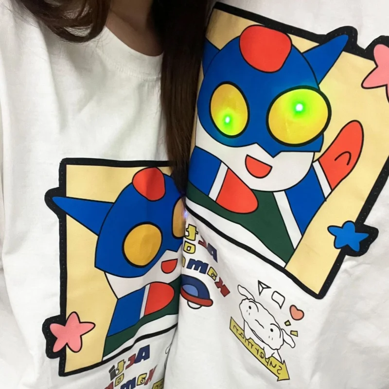 Hot Sale Summer Crayon Shin-Chan Chest Patting Eye Will Glow Tshirt Loose Breathable Couple Outfit High Quality Shirt Lover Gift