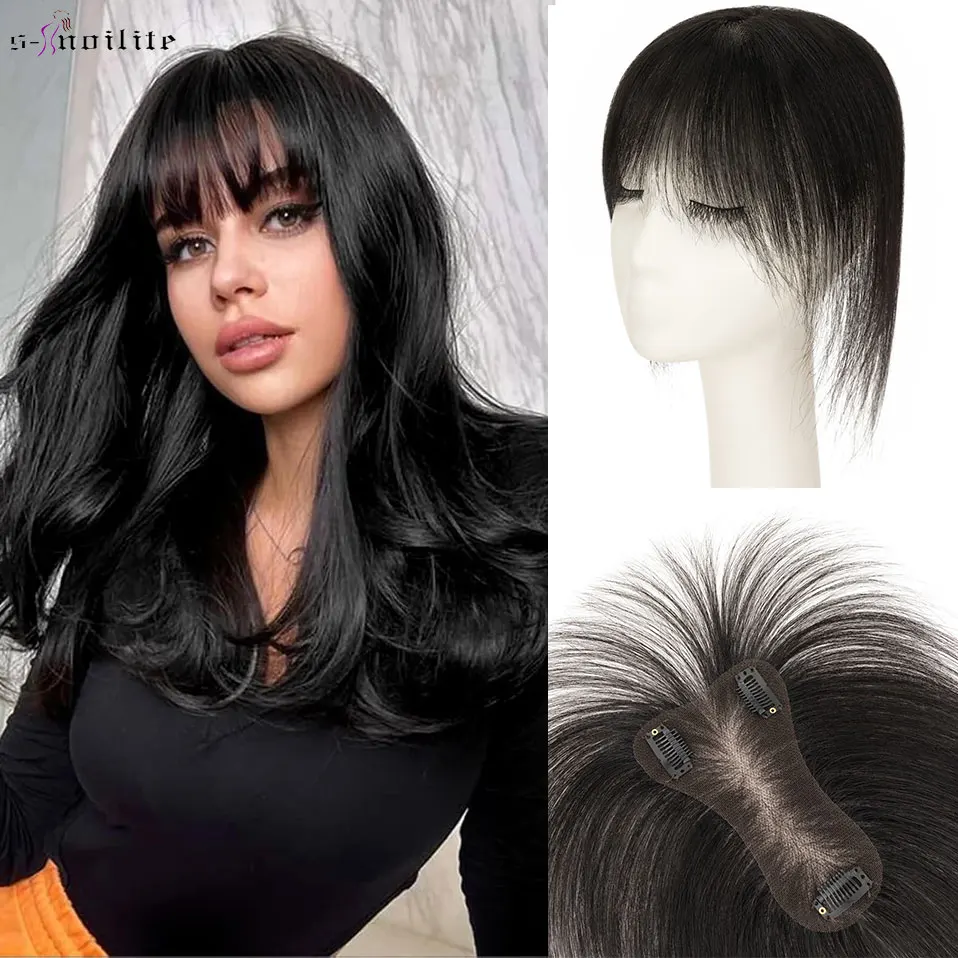 

S-noilite Human Hair Topper for Women Real Human Hair with Air Bangs Hand-Tied 8x14CM Lace Base Light Weight Clip in Hairpieces