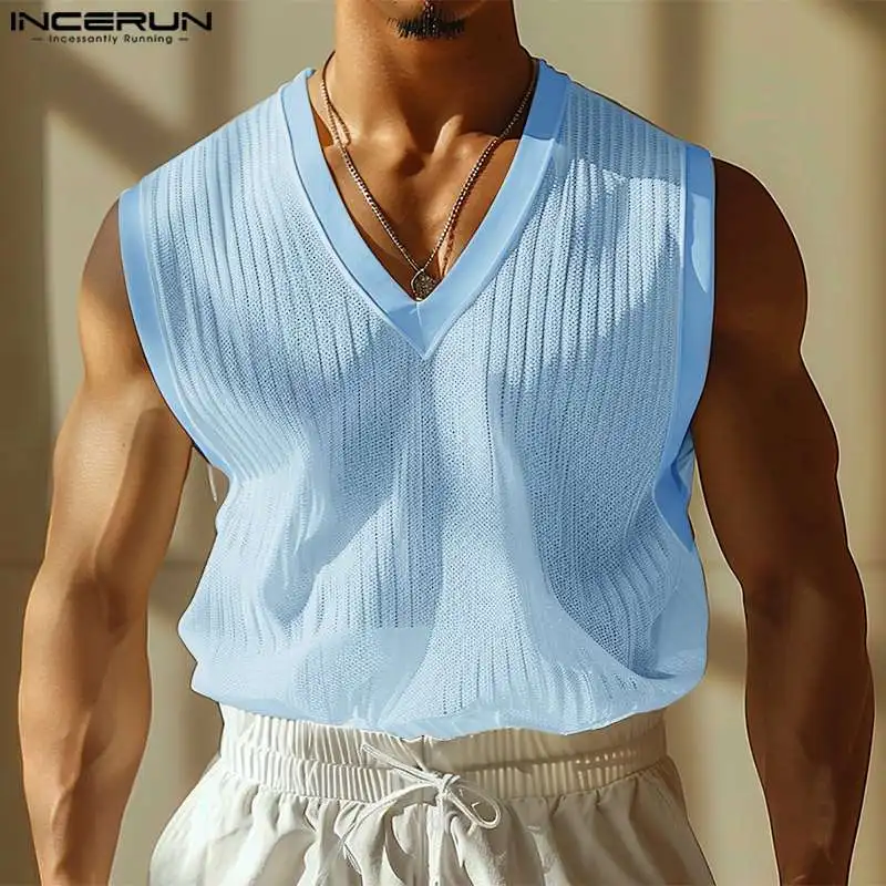 INCERUN 2024 Korean Style Fashion Men's V-neck Striped Slightly Transparent Vests Summer Casual Male Sleeveless Tank Tops S-5XL