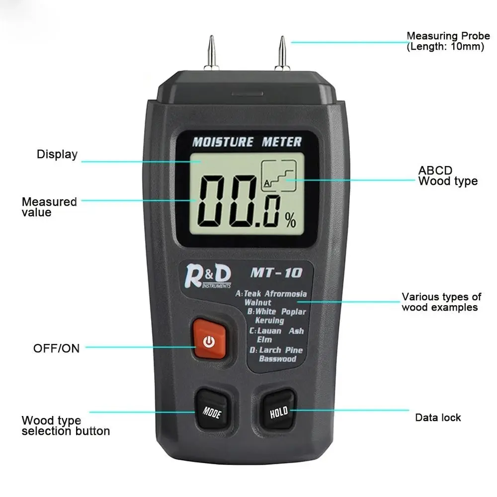 

4 Measurement Modes Wood Moisture Tester 0-99.9% Two Pins Wood Humidity Tester Digital Accurate Wall Moisture Detector Logs