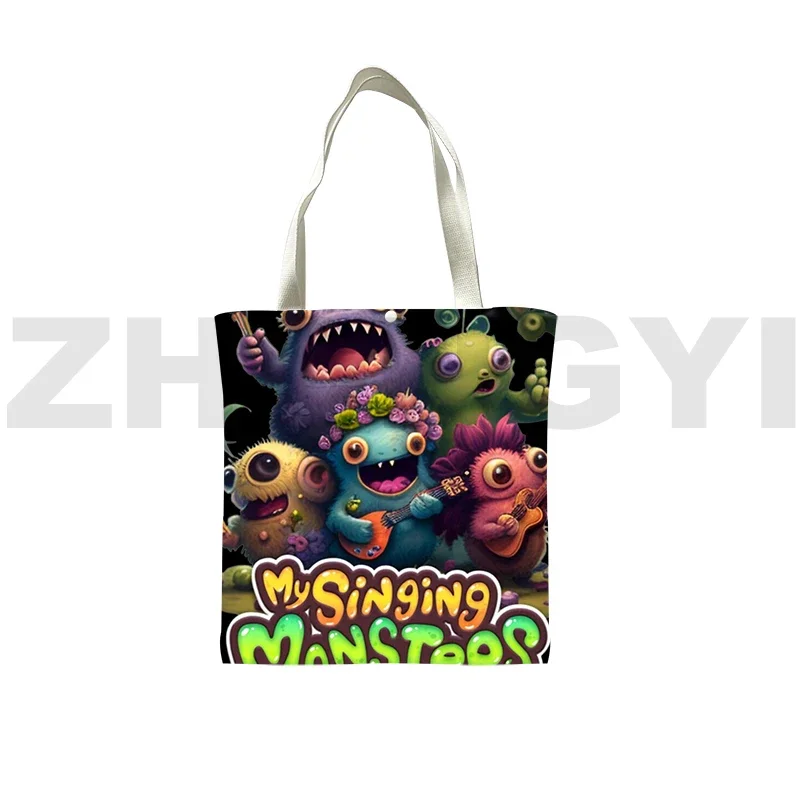 Casual Canvas My Singing Monsters 3D Handbags Men Foldable Shopping Bags Cartoon My Singing Monsters Crossbody Bags for Women