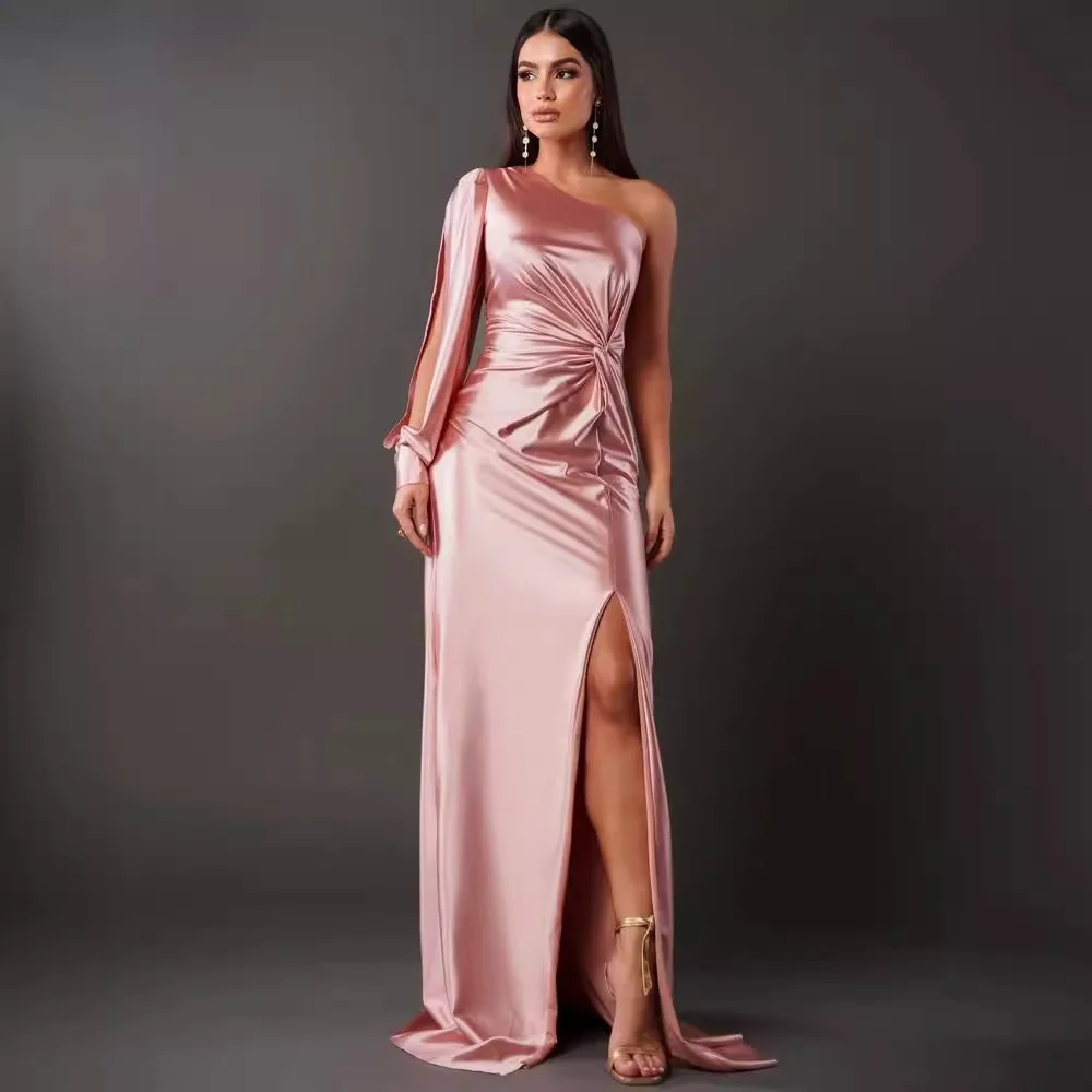 عرض ساخن لعام 2026 فستان حفلات مثير للنساء من الساتان بكتف واحد وأكمام طويلة وفتحة عالية فساتين أنيقة للنوادي والعام الجديد وأعياد الميلاد #3