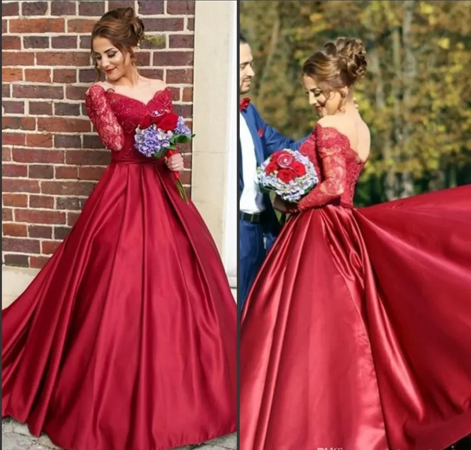 Satynowe, seksowne, oszałamiające czerwone suknie ślubne z dekoltem w serek, odkryte ramiona, długie koronkowe rękawy, długość do podłogi, suknie ślubne, suknia ślubna.