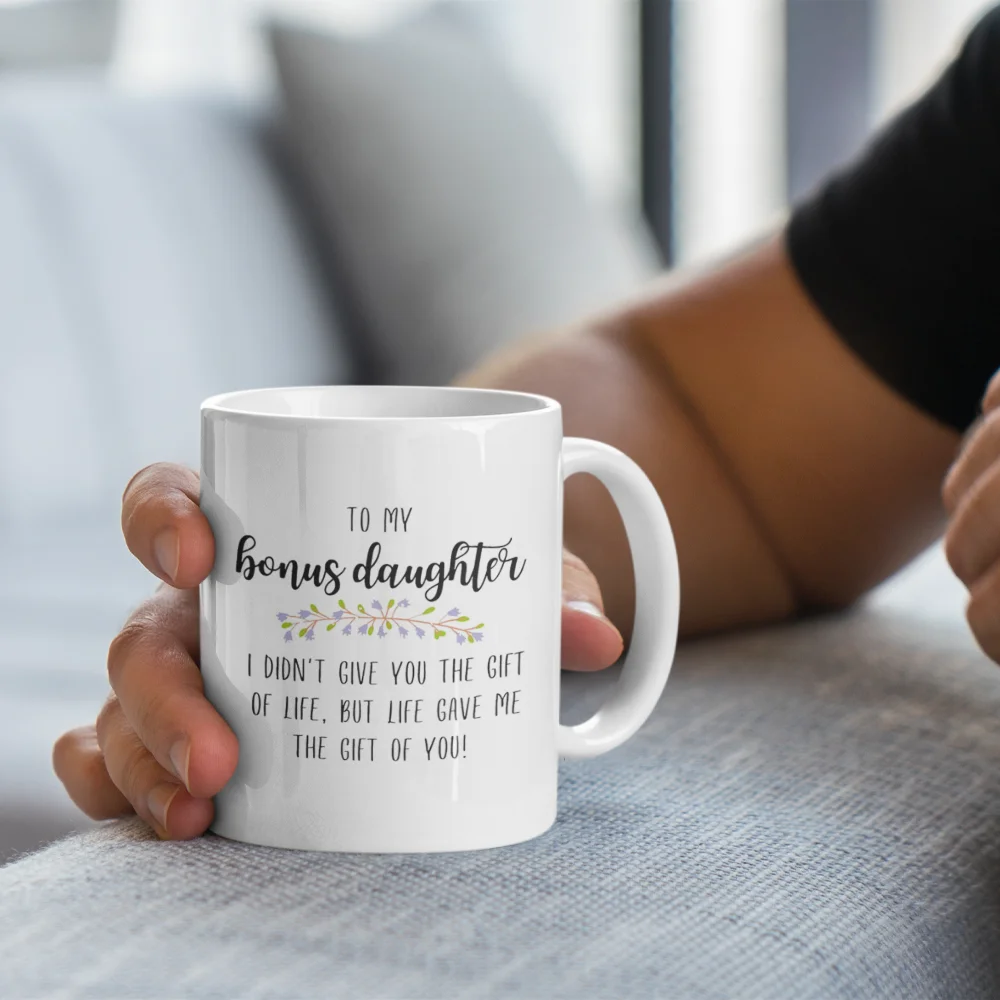 Bonus Daughter Love Earthenware Coffee Mug 11oz-Multipurpose, Insulated, Reusable, Machine Washable - Stepdaughter Birthday Gift