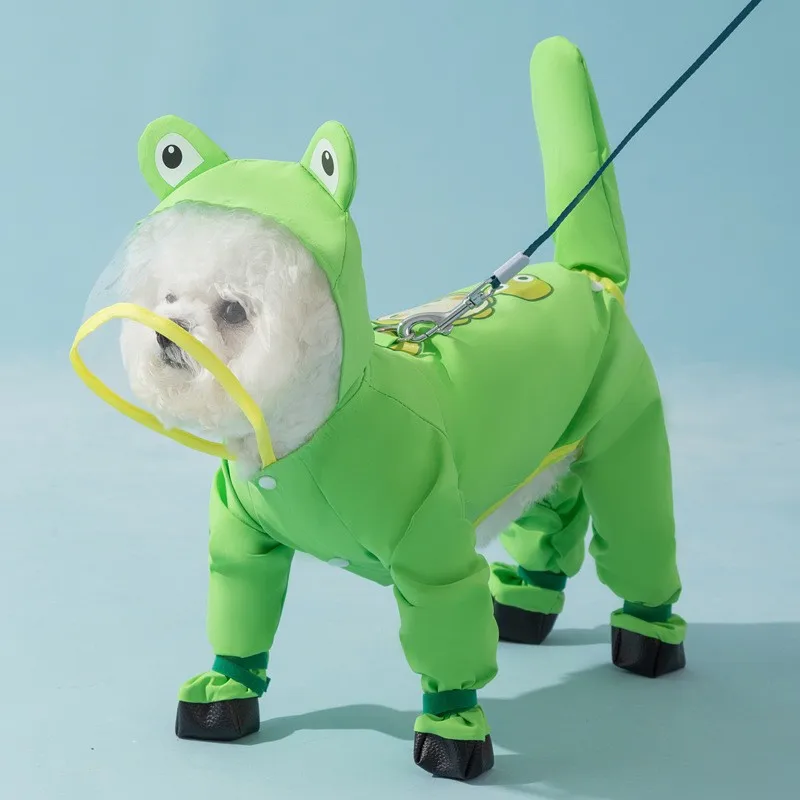Hunde-Regenmantel und Regenschuhe-Set, Haustier-Frosch, wasserdichte Kleidung, leichte Regenjacke, Poncho, Hoodies mit reflektierendem Stiefelstreifen