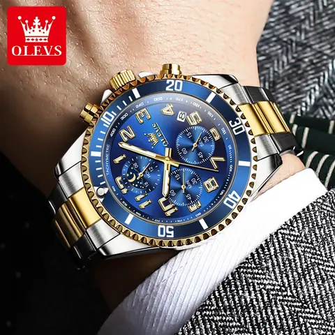 OLEVS Watch 2926 Original Gold Mens Watch Multifunctional Chronograph Quartz Watch Waterproof Moon Phase Watches Box Gifts