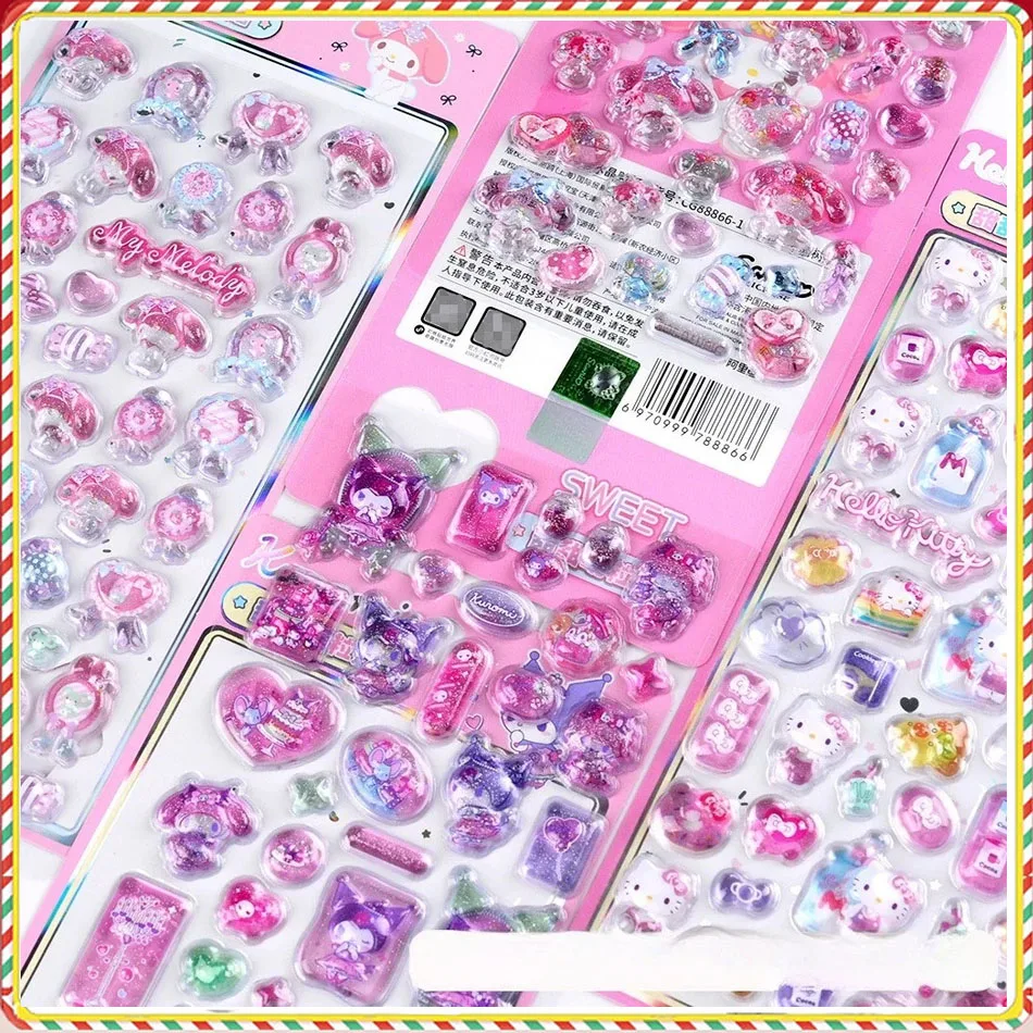 새로운 헬로키티 쿠로미 멜로디 스티커 애니메이션 3D 젤리 스티커 장난감 DIY 크리스탈 장식 스티커 장식 스티커 어린이 장난감