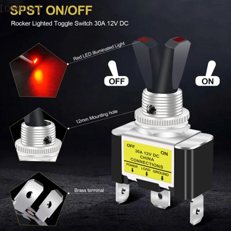 30A 12V LED Toggle Switch Lighted Toggle Rocker Switch SPST ON Off 2 Position 3Pin For Automotive Car Aircraft 1PCS