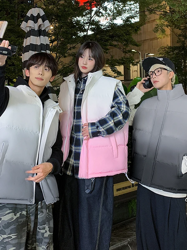 

adient Thiened Cotton Vest Stand Collar Couple's Outerwear American Sle Layered Wear Youth Faion Autumn Clothing