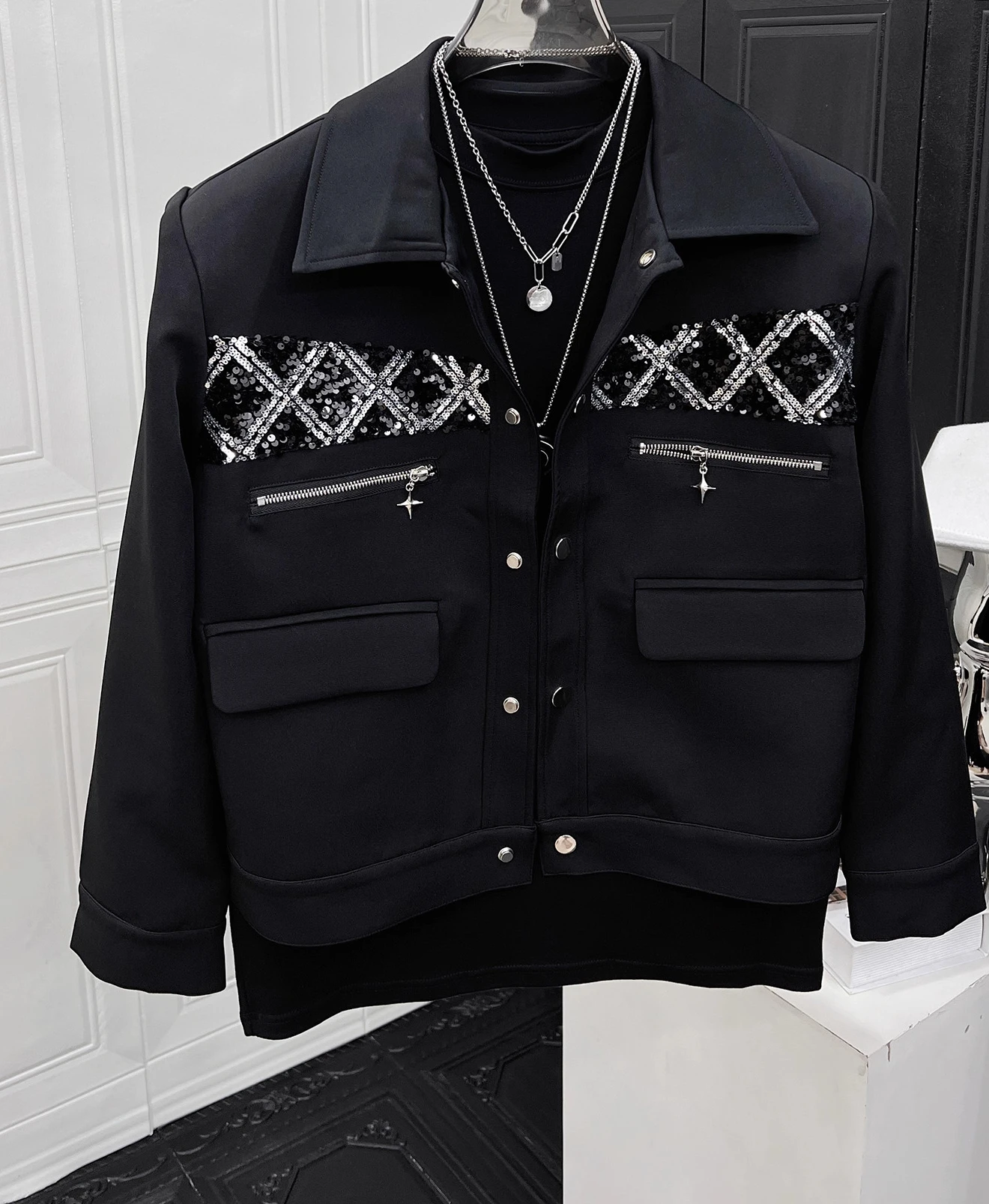 Male 2025 Autumn New Handsome Niche Sequined 2pcs Splicing Loose Shoulder Pads Fashion Two-piece Sets High-end Trendy Jacket Set