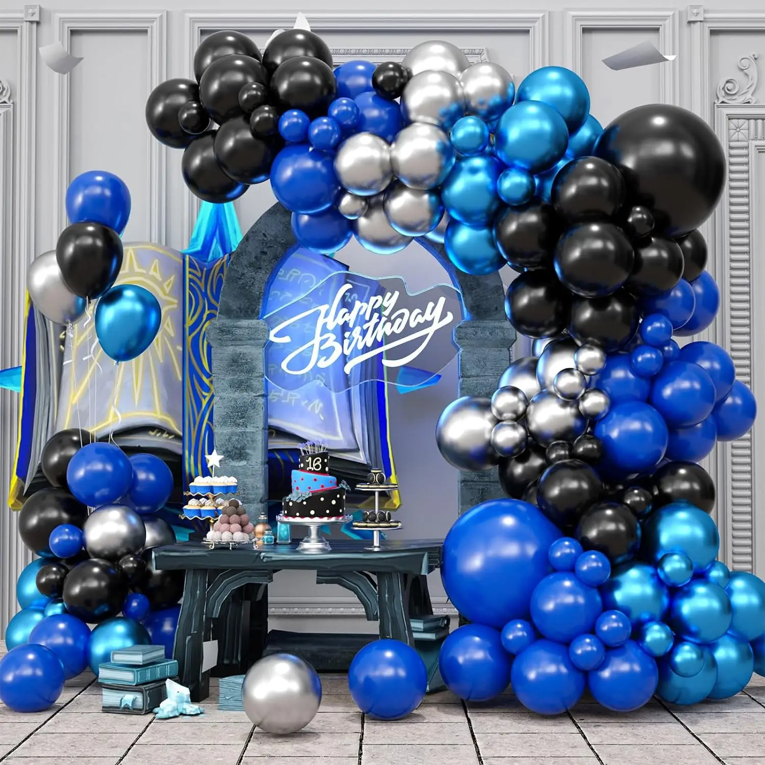 125PCS Blue Black Balloons Garland Arch Kit Blue Silver Metallic Balloons Birthday Party Baby Shower Graduation Party Decoration