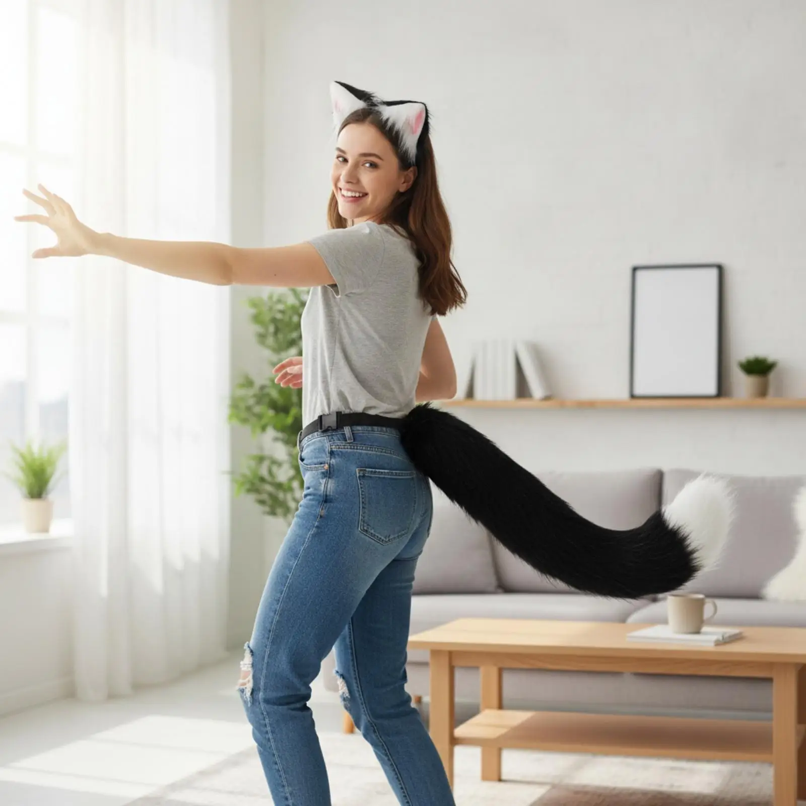 Faux-Decorative Tail Tail with Cat-Ear Headband Easy to Wear Feline-Tail Costume Accessory with Headband Soft for Costume