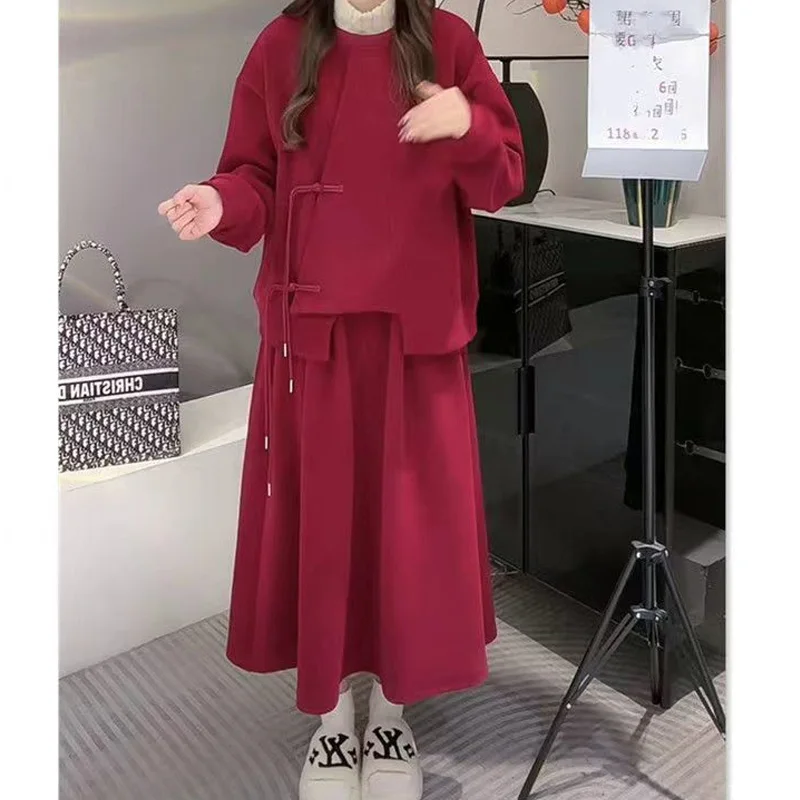 

Autumn Winter Solid Straight Two-piece Suit Ladies Chinese Style Long Sleeve Pullovers Fashion Elastic Waist Tops Midi Dress