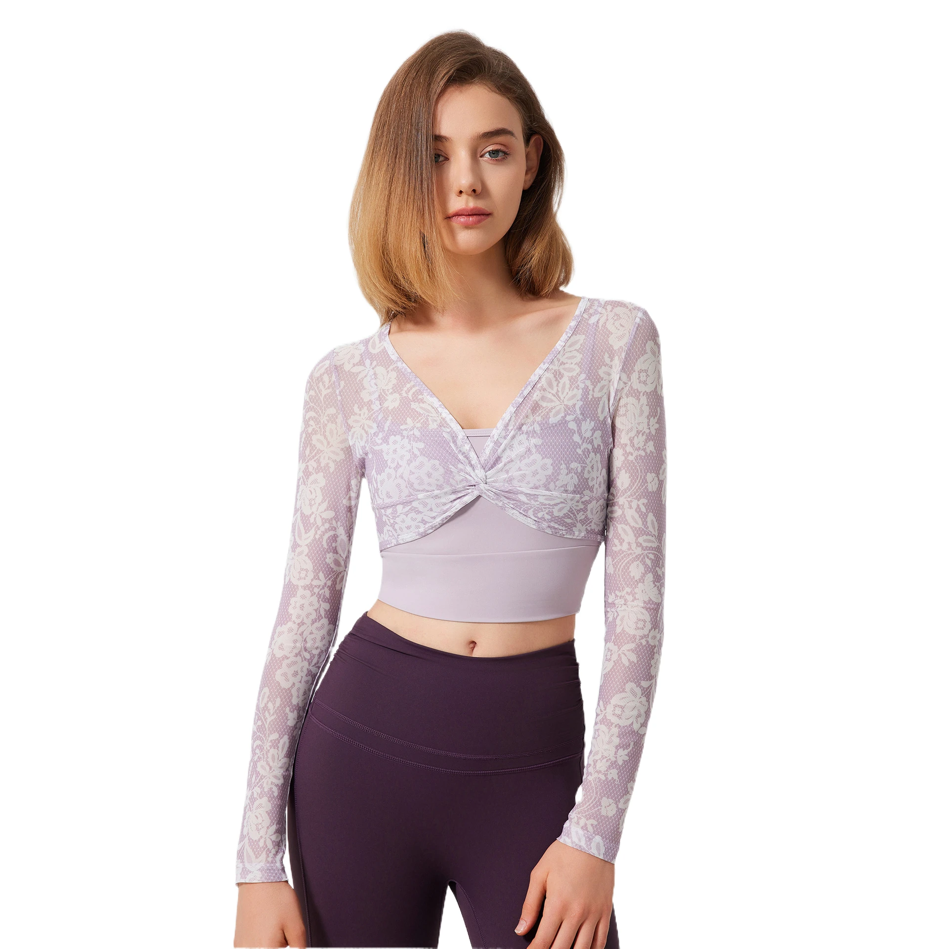 

Mermaid Curve Fake Two-piece Sports T-shirt Women's Long-sleeved Yoga Clothes with Chest Mat Quick-drying Slimming Fitness