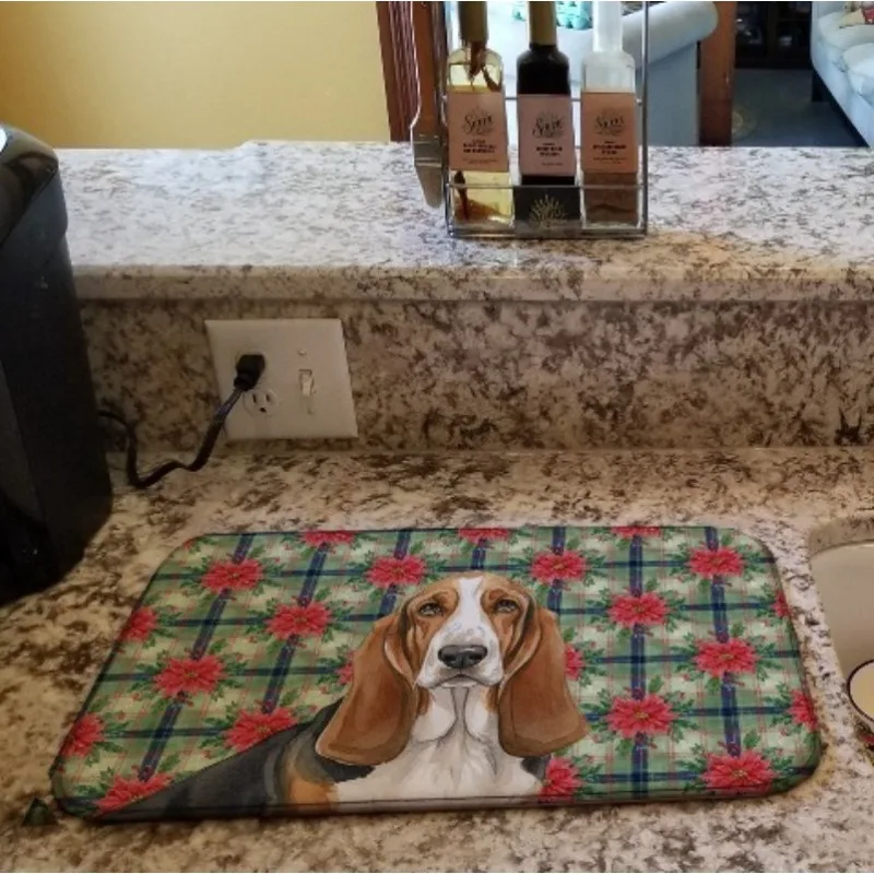 

Tricolor and White Basset Hound Christmas Poinsettia Dish Drying Mat 14x21" Absorbent Kitchen Counter Mat