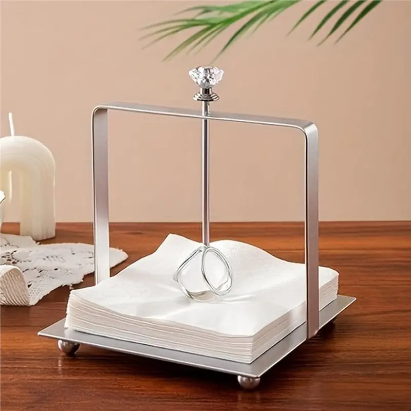 NEW HOT In Stock-Elegant Golden Iron Square Napkin Holder 1Pc With Clear Accent, Freestanding Tissue Organizer For Bathroom