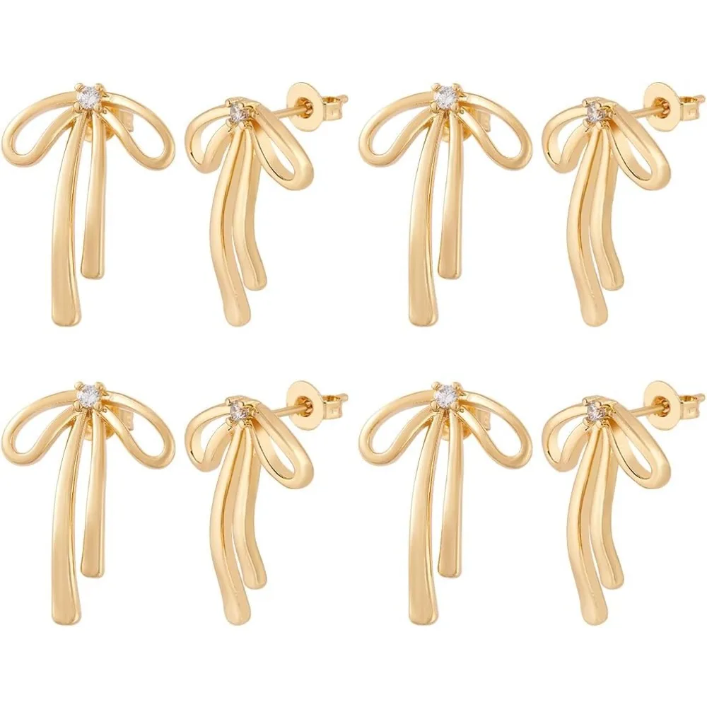 

4 Pairs -Brass Stud Earrings with Cubic Zirconia Bow Design DIY Earring Findings