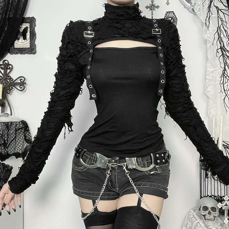 Streetwear Gothic T-shirt Women Y2k E-girl Cyber Punk Hole Sleeve Patchwork Hollow Out Long Sleeve Crop Tee Tops Femme