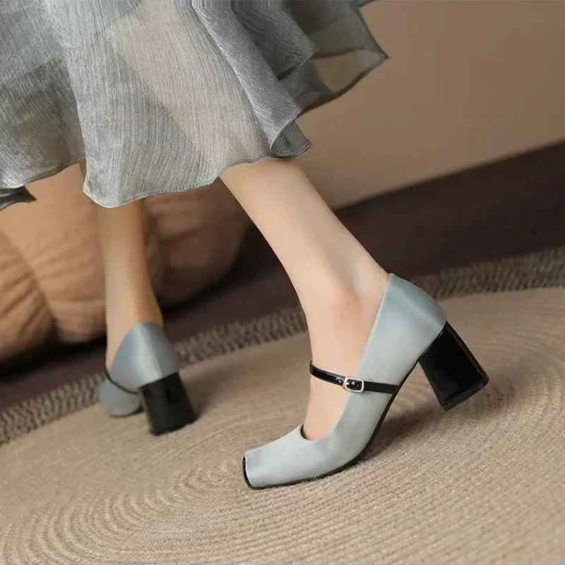 Women Spring Luxury Mary Jane Shoes Autumn Fashion Square Toe Shallow Ladies Elegant Dress Single Leather Shoes Square Heel Pump