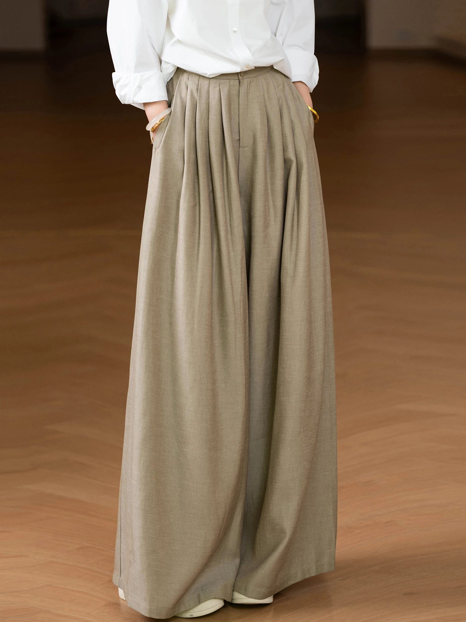 

Брюки-палаццо с высокой талией из льняной вискозной смеси, плиссированные, струящиеся, свободного кроя, повседневные, женские