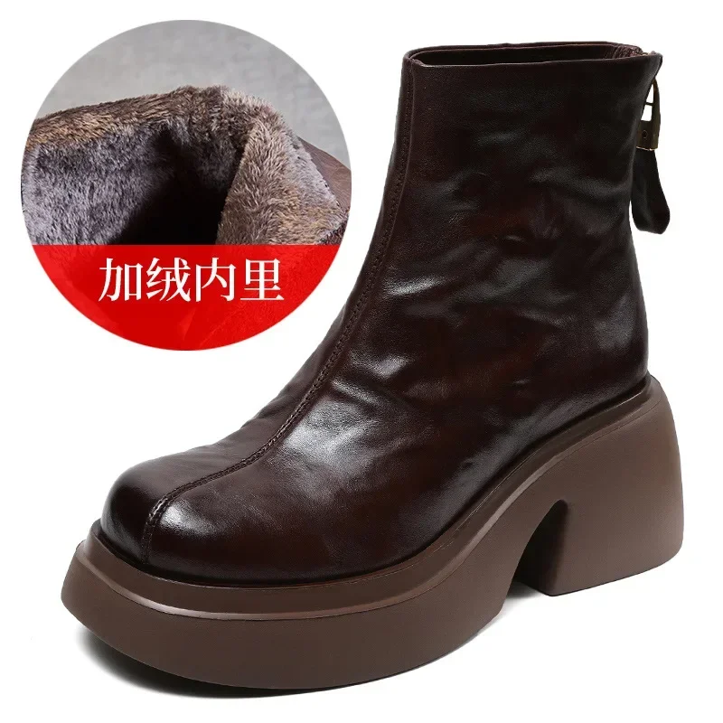 Genuine Leather High Heel Platform Short Boots Women 2024 Winter New Versatile Warm Plush Cotton Boots