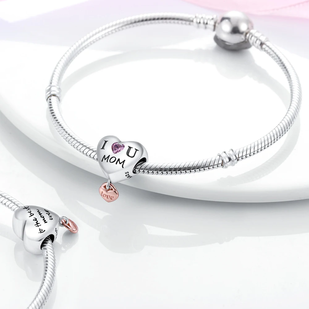 Original 925 Sterling Silver Mom I Love You Heart Charms Beads Pendants Fit S925 Bracelet Necklace Fine DIY Mother's Day Jewelry image 3