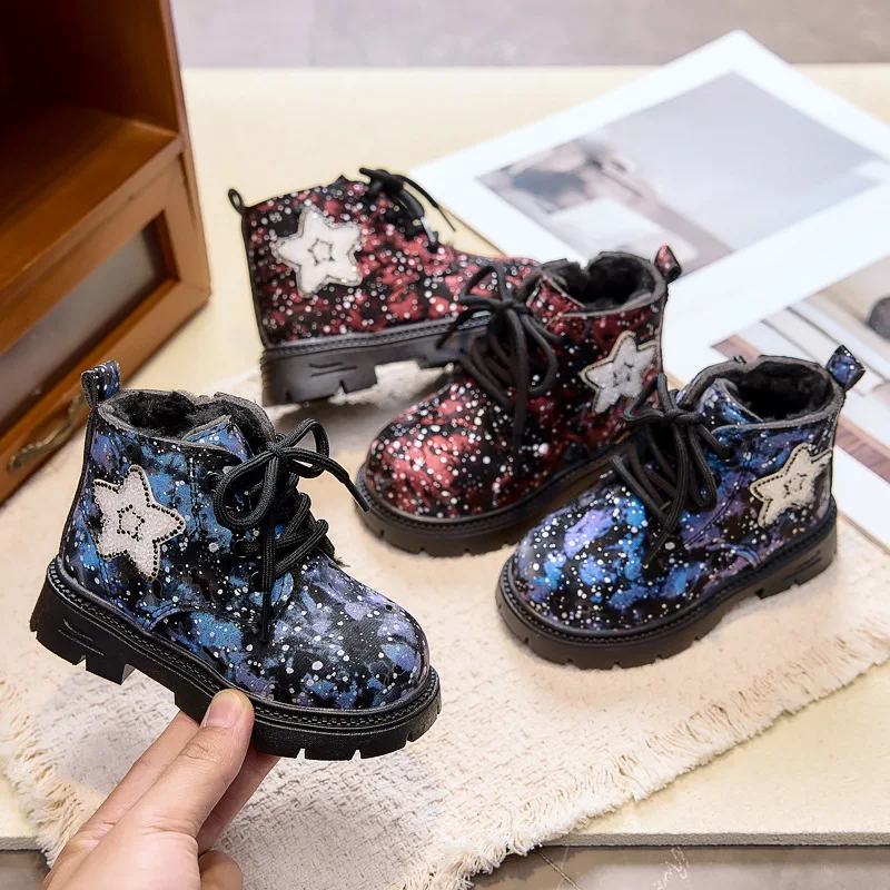 Kids'Boots Solid Color PU Leather Star Fleece-Lined Fashion Winter Shoes For Children Anti-slip Warm Blue Red Shoes Size 21-30