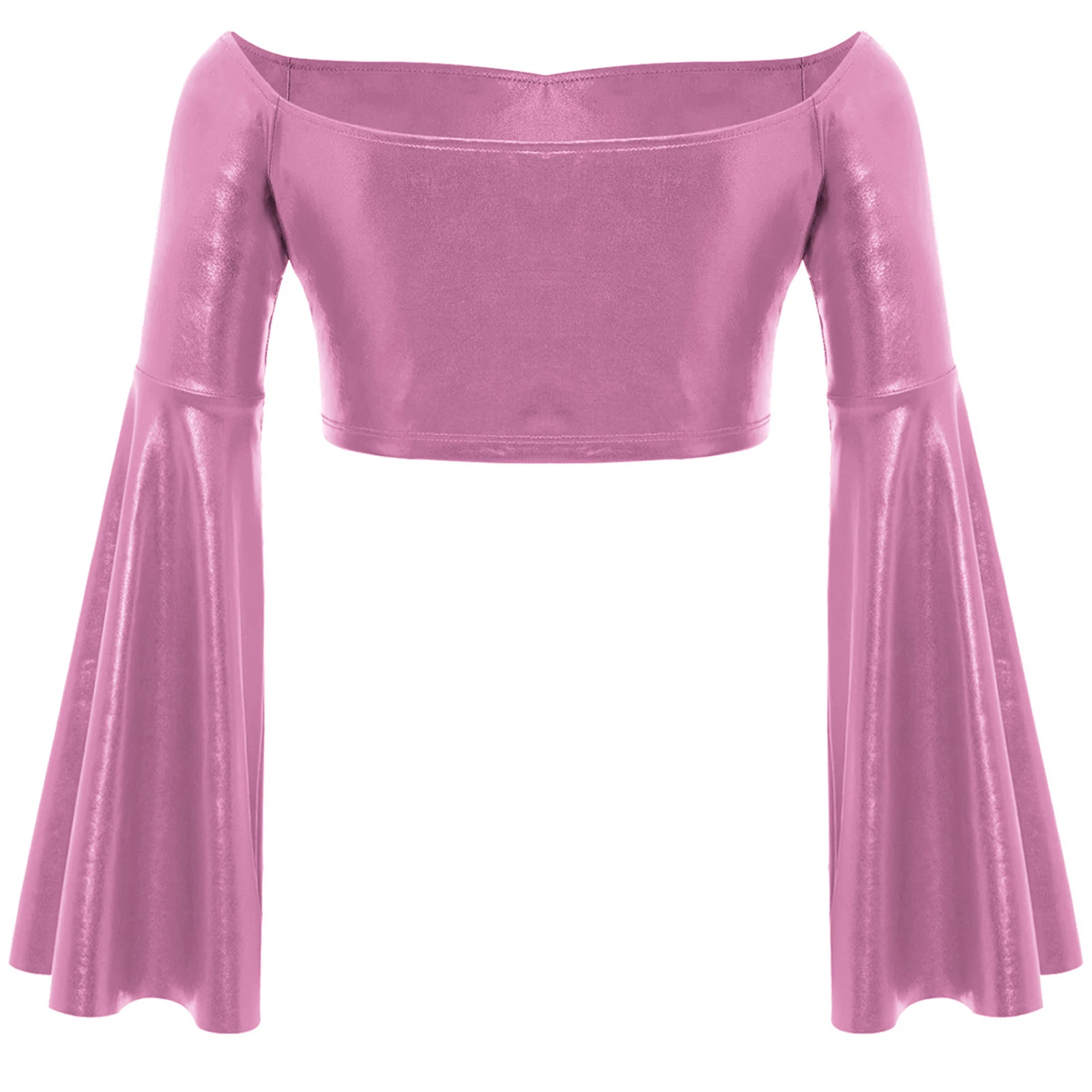 Kids Girls Off-Shoulder Modern Dance Tops Children Flared Sleeve Metallic Ballet Crop Top Disco Party Stage Performance Costume
