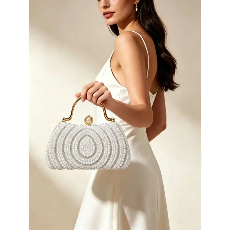 Fully Diamond-Pearl Evening Bag, Dress Clutch, Banquet Versatile Crossbody Chain Bag