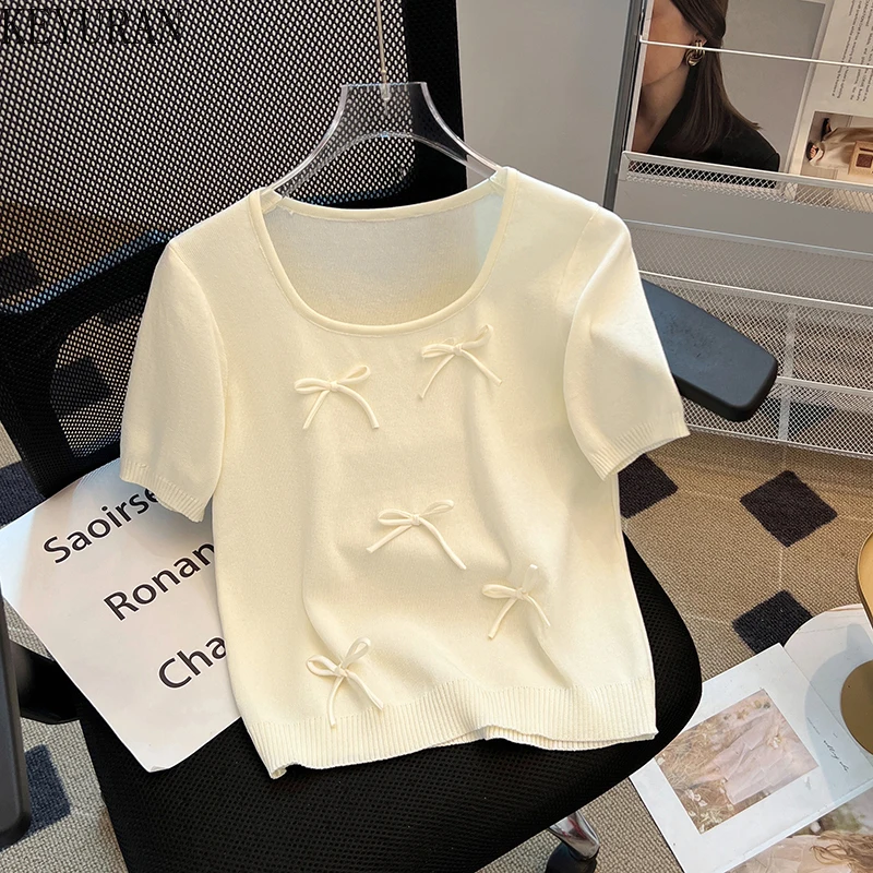 2024 Summer New Bow Short Sleeve Sweater Women Knitted T-shirt Korean Fashion Sweet Round Neck Loose Pullover Knitwear Tops Tees