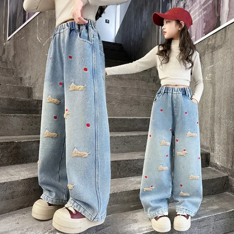 

New Girls Loose Wide-leg Jeans Trousers Children Cartoon Dog Embroidery Straight Denim Pants Spring Autumn Clothing 5-12 Years