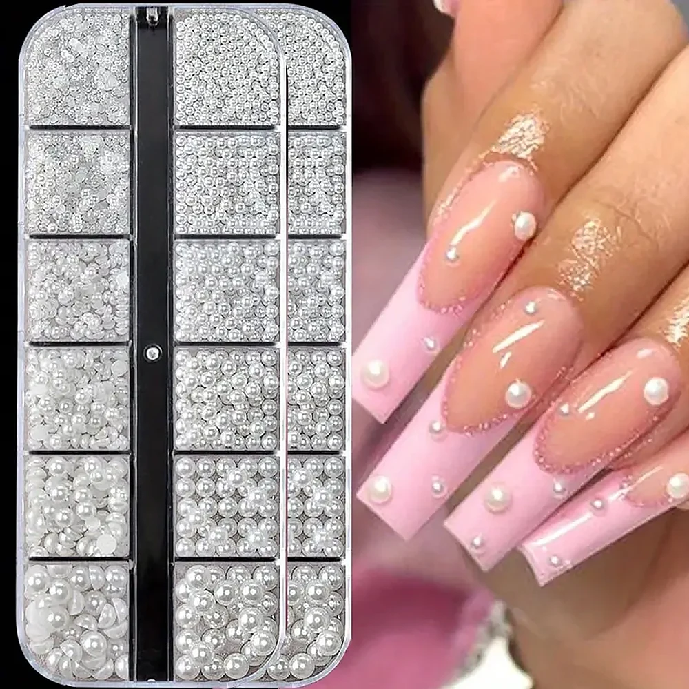 

2000pcs/2Box Half Round+Circular Pearl Nail Charms 3D 0.15-0.5cm Flat Back Caviar Blend Pearl Nail Jewelry DIY Korean Manicure