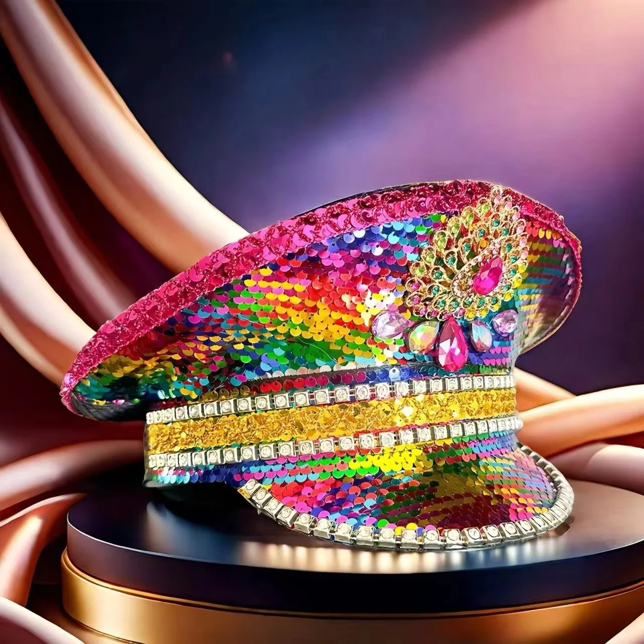 قبعة كابتن HongLuan اللامعة Steampunk من حجر الراين لحرق الرجل في المهرجانات، إكسسوارات عسكرية عتيقة وقبعة للرجال #3