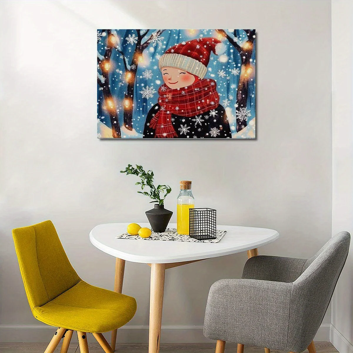 1pc inverno quente capa vermelha menina mural bonito nevado moldura de madeira em menina sorridente ilustração adicionar calor do feriado quadro de lona