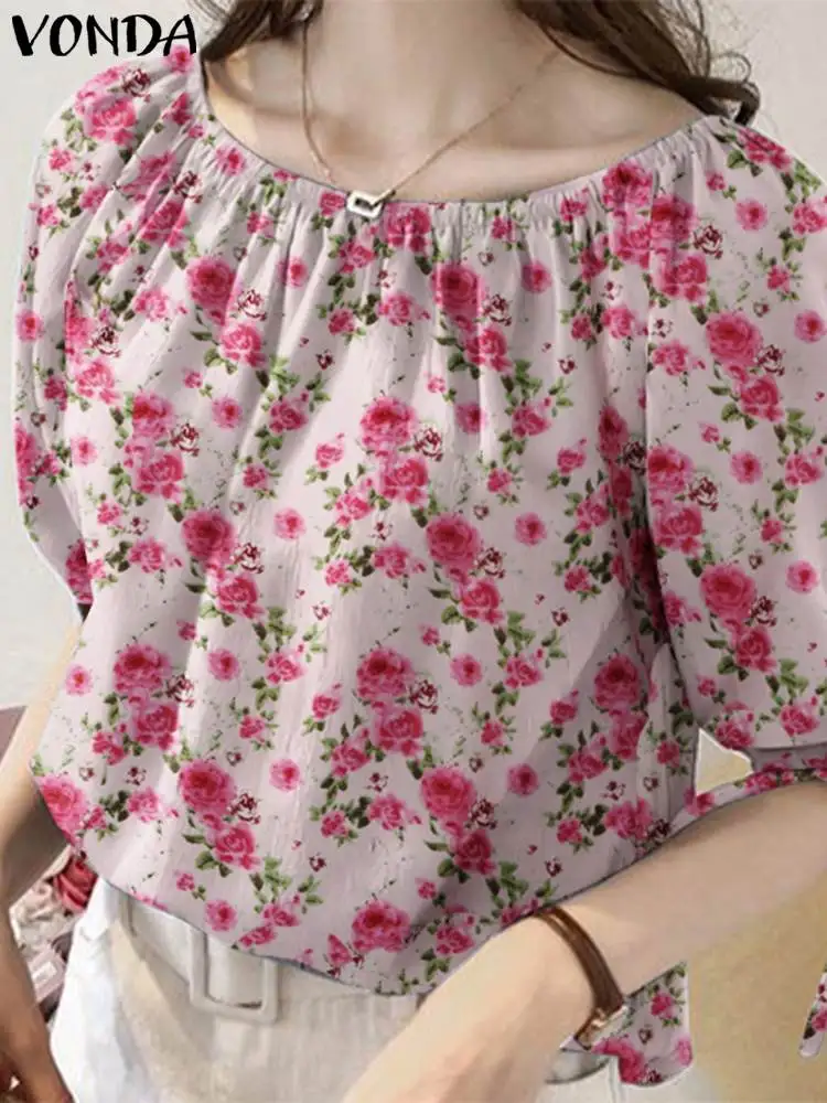 Women Tops Bohemian Floral Printed Blouse 2024 Summer Elegant Half Puff Sleeve Sexy O Neck Shirts Fashion Casual Loose Blusas