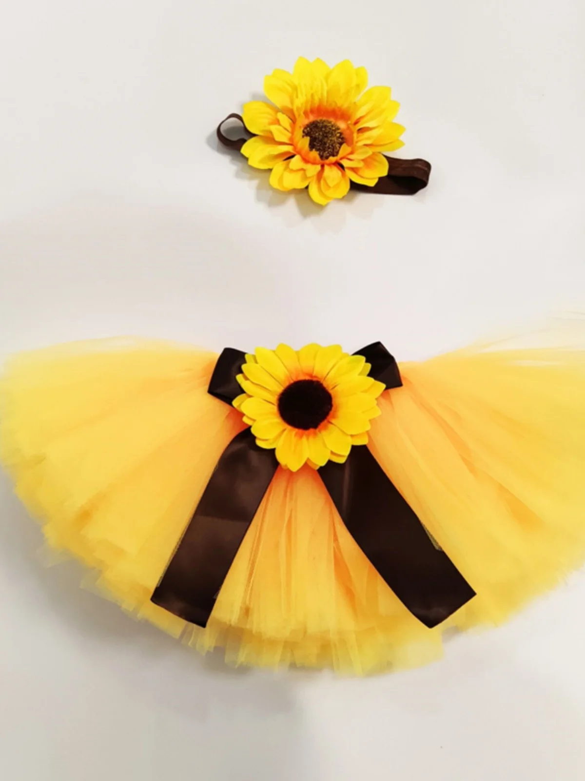 Baby Photography Unique Sunflower Design Adorable Newborn\'s Outfit Chinese Tutu Bow Skirt Flower Headdress for 0-1month