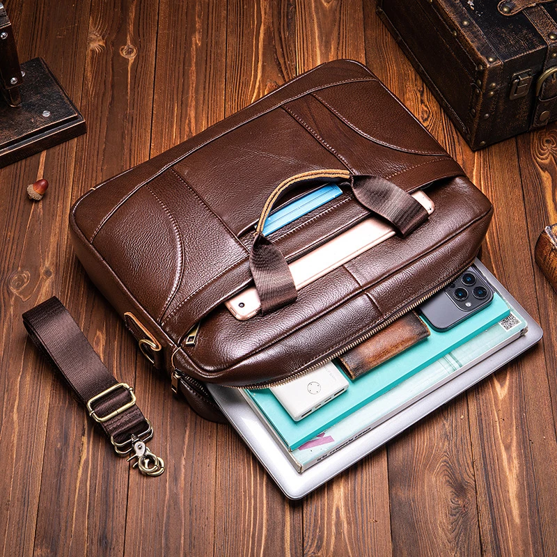 Leather men's large capacity briefcase for business and casual wear retro  genuine leather, single shoulder strap, crossbody bag