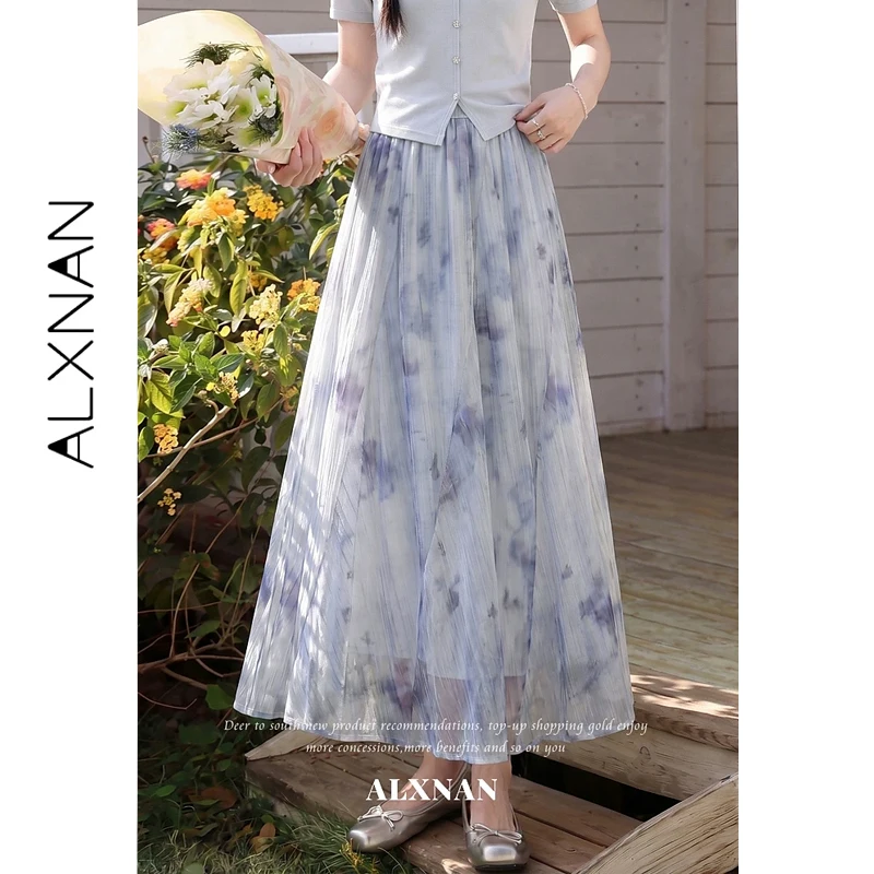 

ALXNAN Blue Floral Skirt Beach Vacation Style A-line Elastic Waist Long Skirt Women 2026 Summer Elegant Female Clothing L65255A